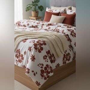 IKEA SALEPSROT Duvet Cover Set Hawaiian Plumaria Rust-Red White Reversable King‎